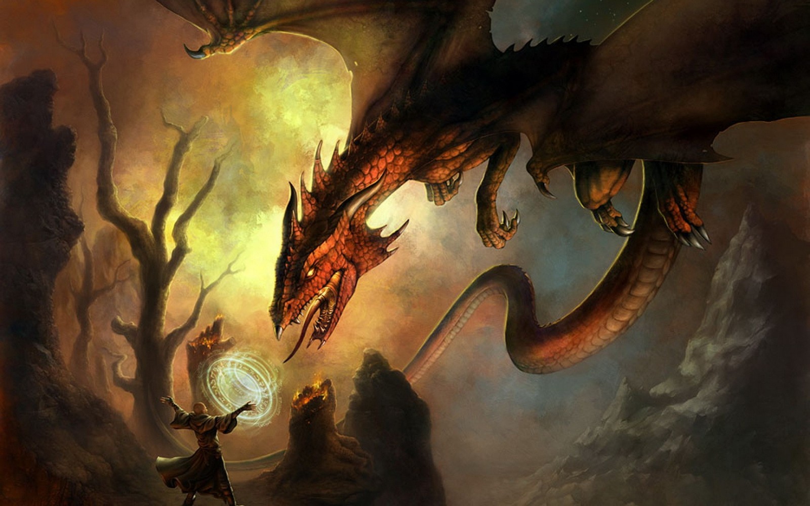Dragon and wizard in a fantasy landscape HD Wallpaper