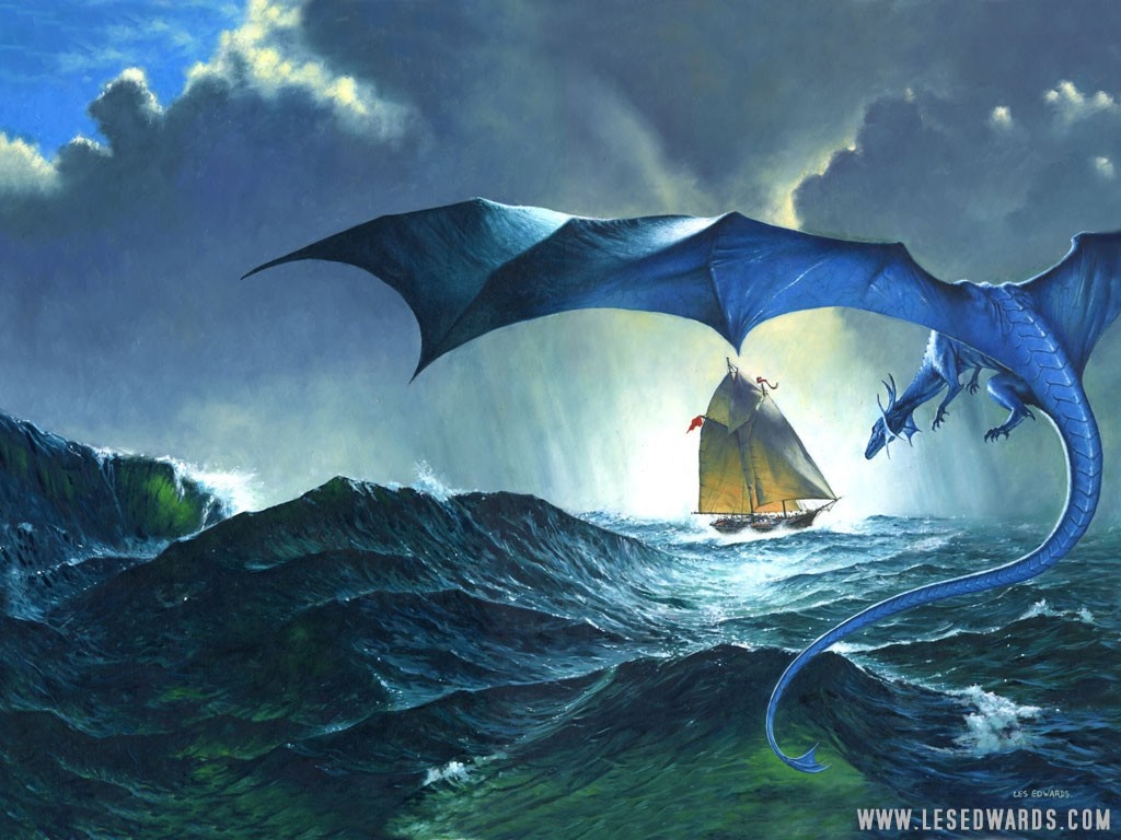 Blue dragon flying over a sailboat in stormy seas HD Wallpaper