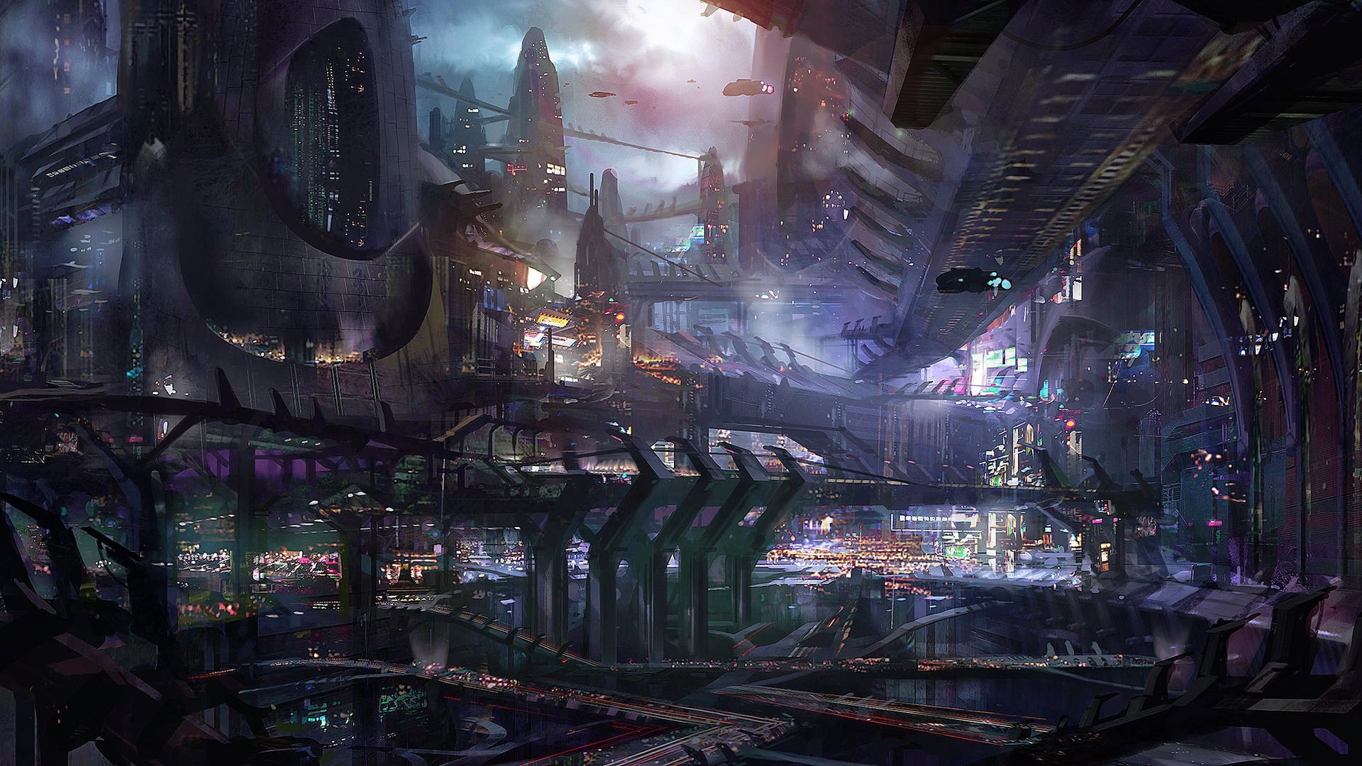 Futuristic city with flying vehicles and glowing lights HD Wallpaper