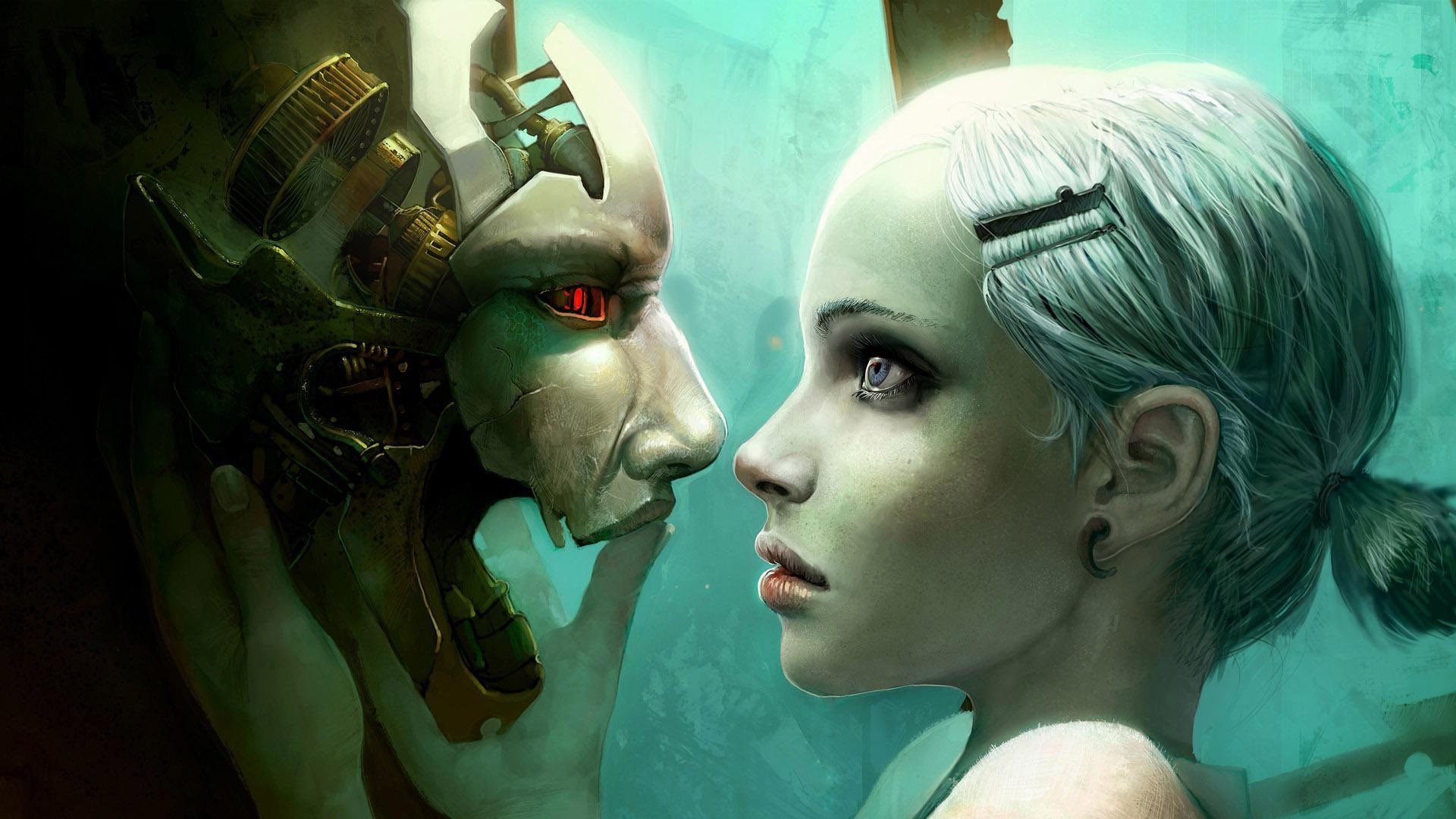 Girl and cyborg face to face HD Wallpaper