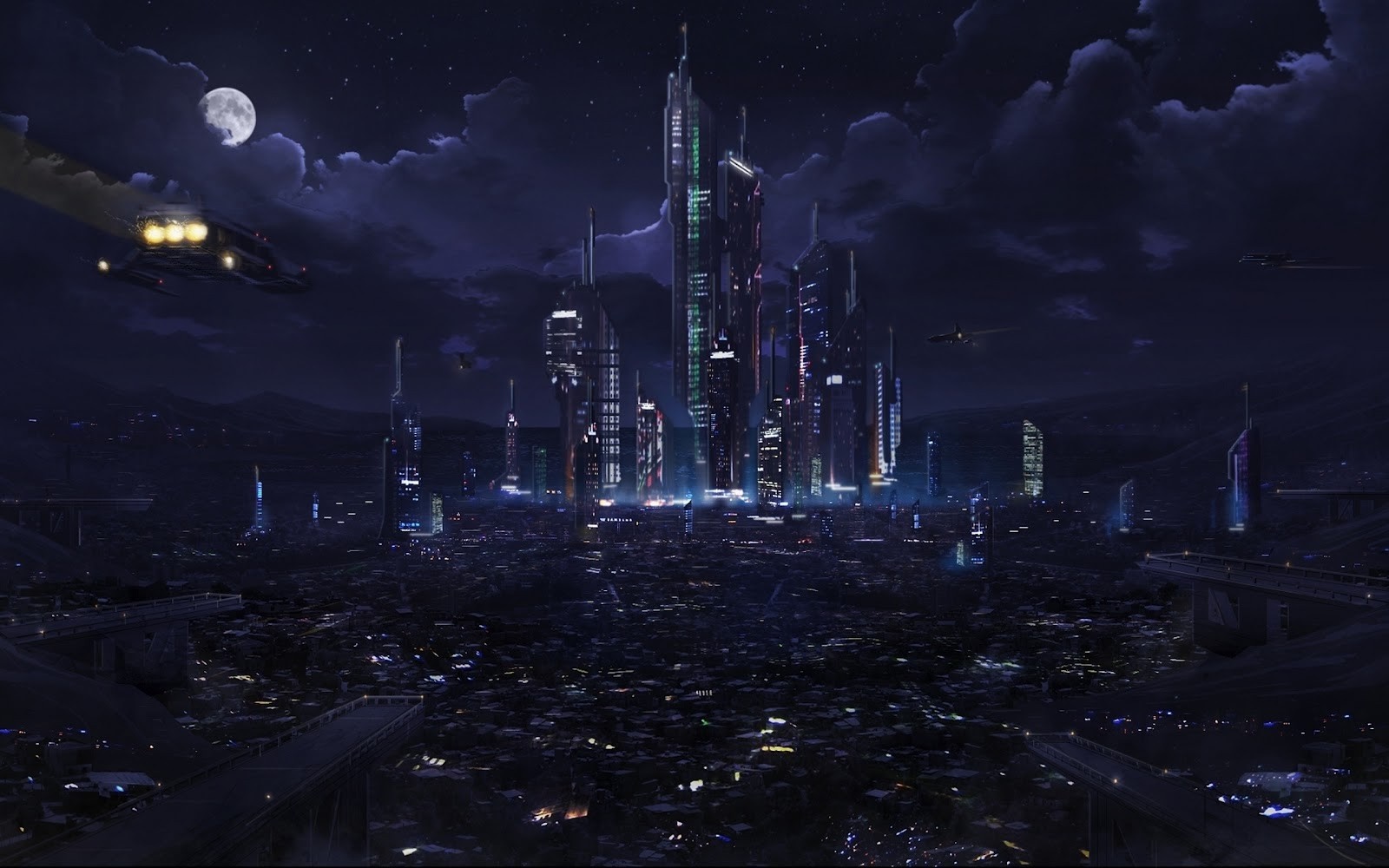 Futuristic city skyline at night with flying vehicles HD Wallpaper