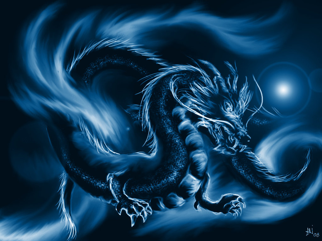 Blue dragon with fiery mane and tail HD Wallpaper