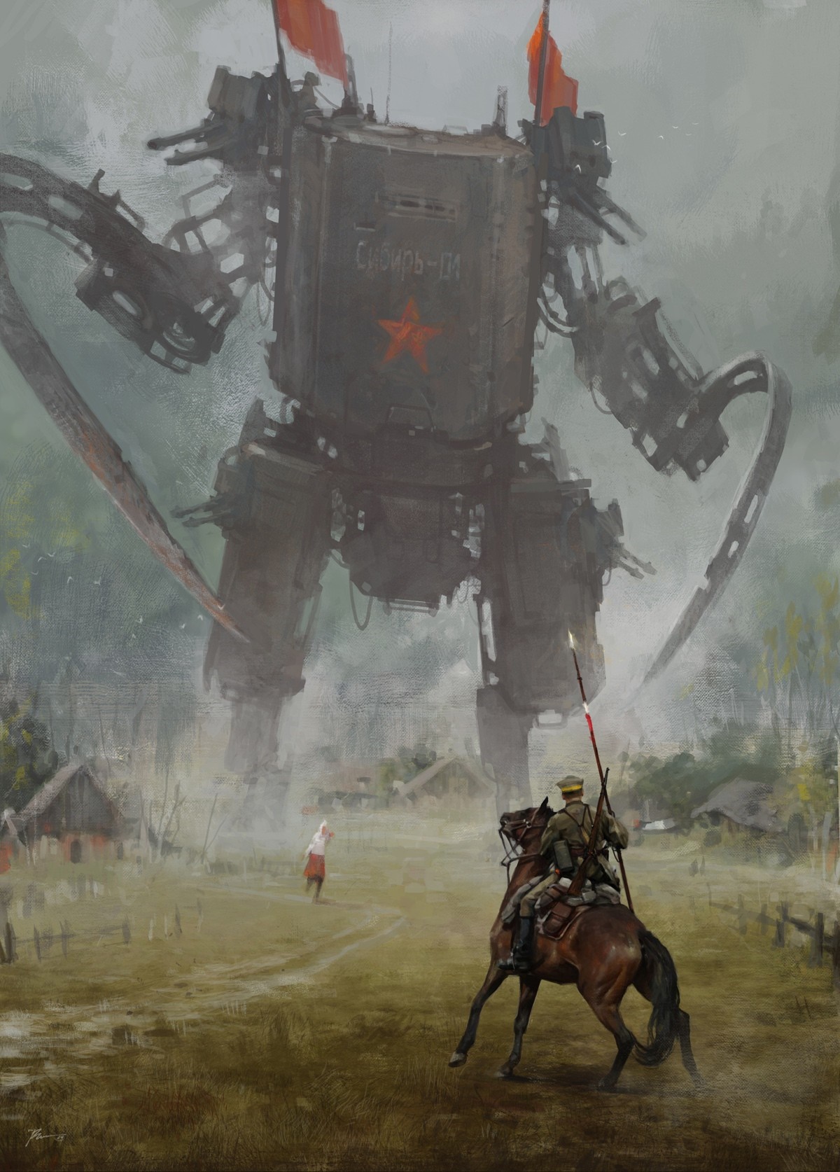 Giant Soviet Mech in a Village HD Wallpaper