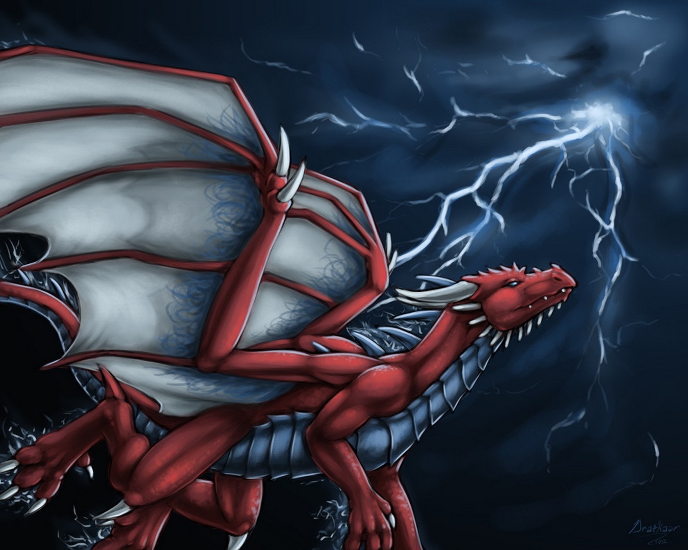 Red dragon flying in a thunderstorm HD Wallpaper