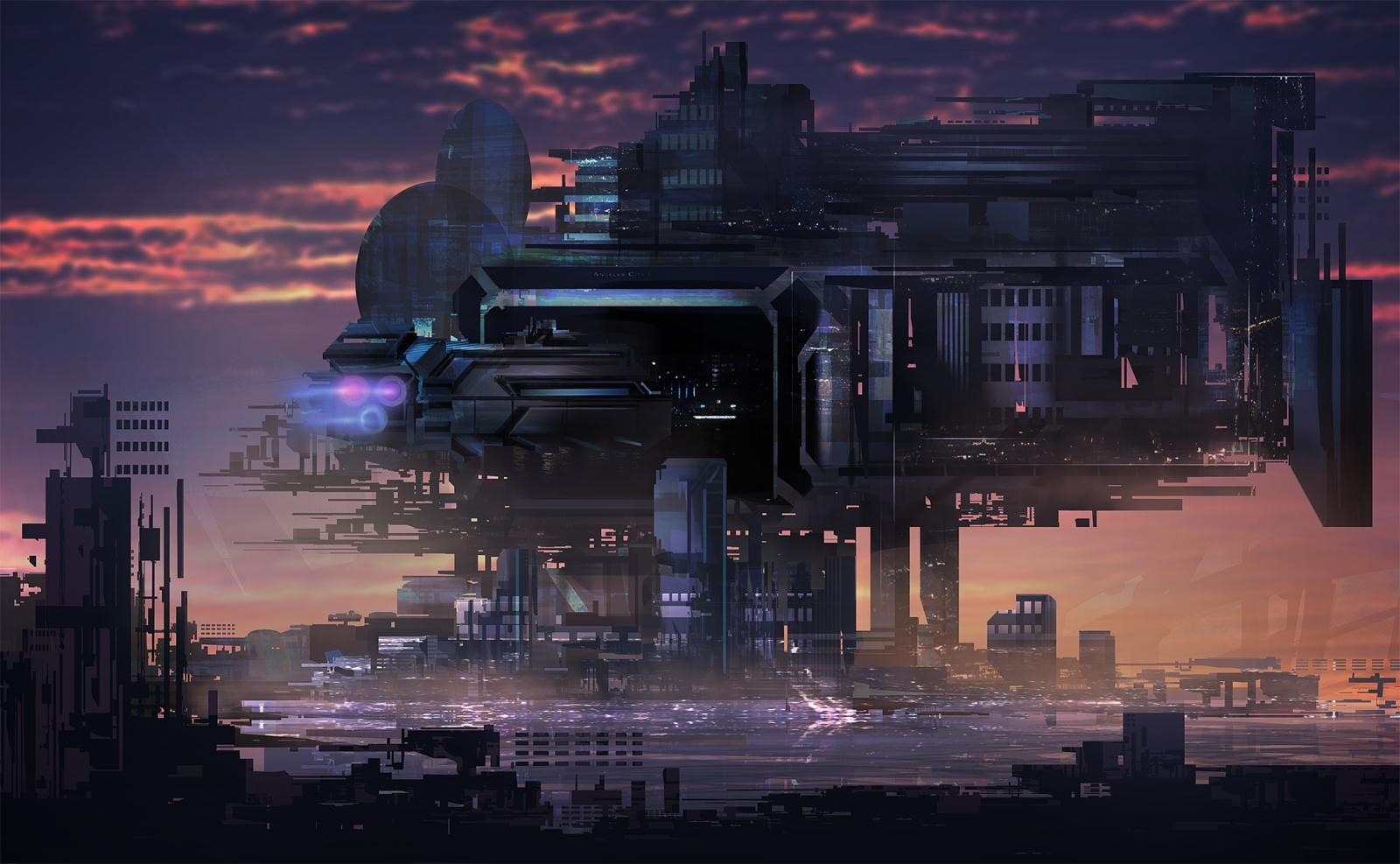 Futuristic cityscape at sunset with floating structures HD Wallpaper