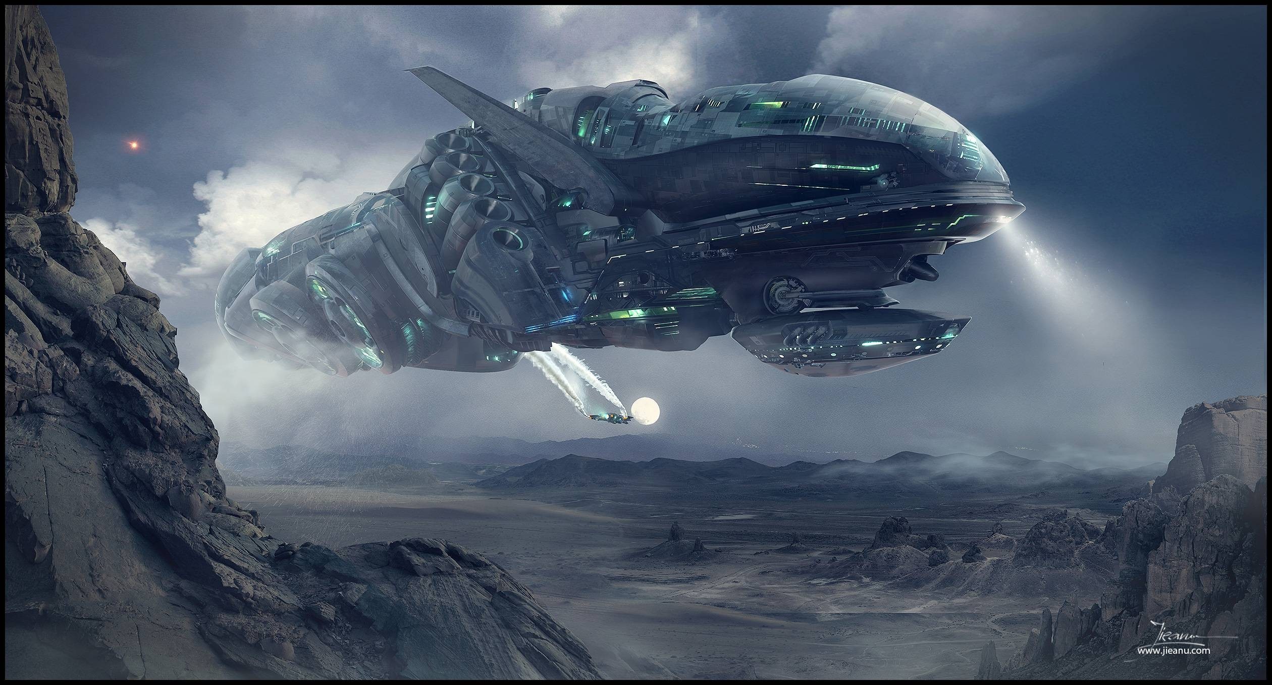 Spaceship flying over a rocky alien landscape HD Wallpaper