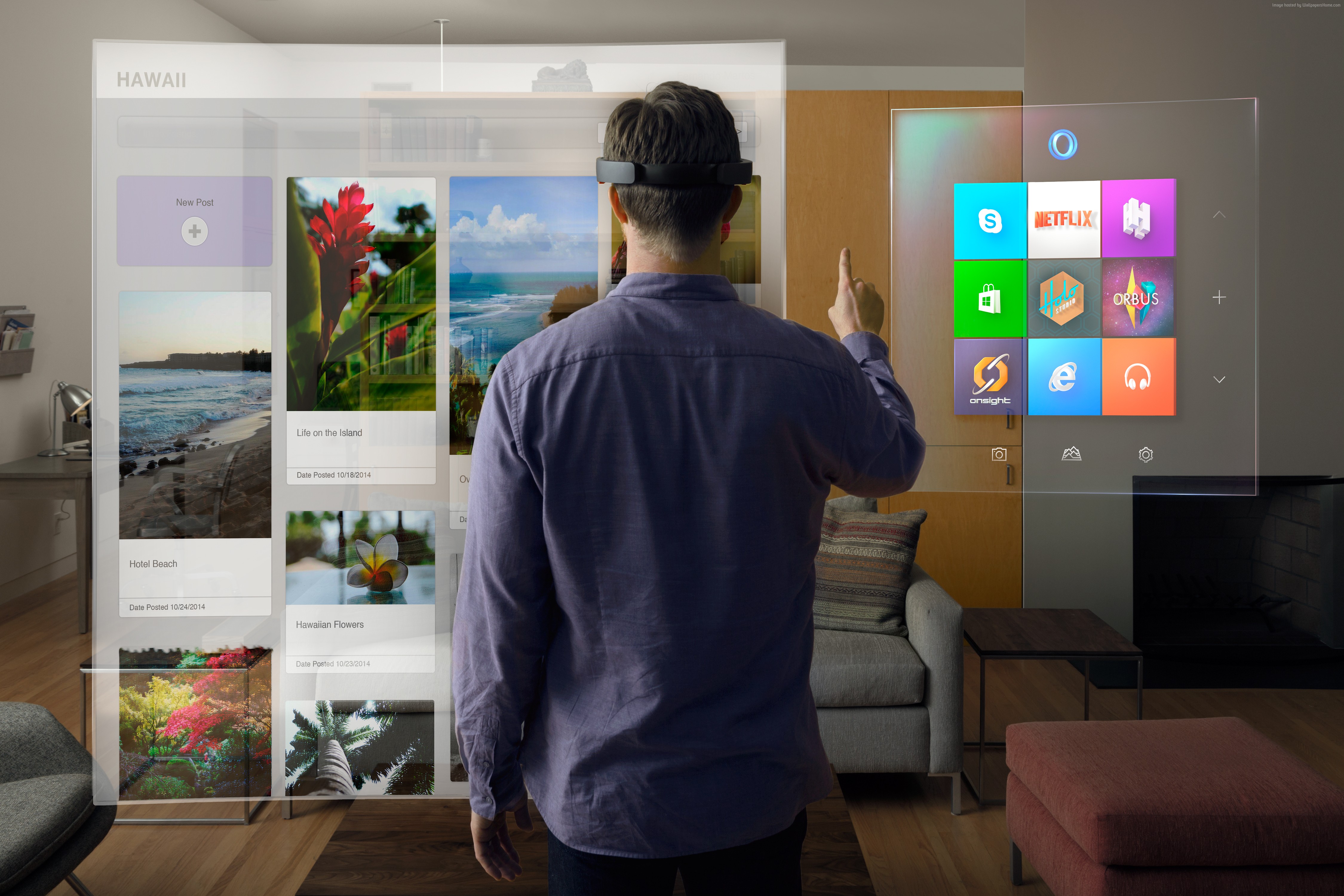 Man using Microsoft HoloLens with augmented reality interface HD Wallpaper