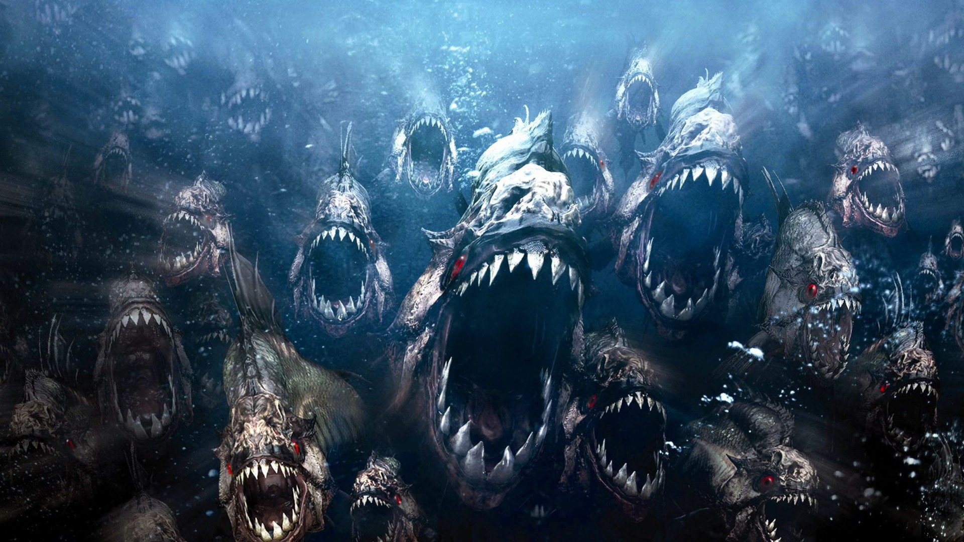 A school of piranhas with open mouths and sharp teeth underwater HD Wallpaper