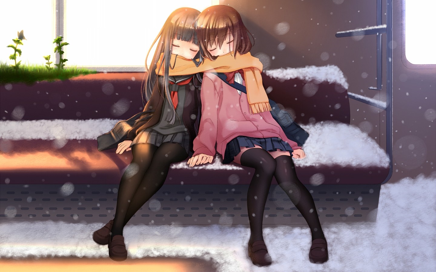 Two anime girls sleeping on a train in the snow HD Wallpaper