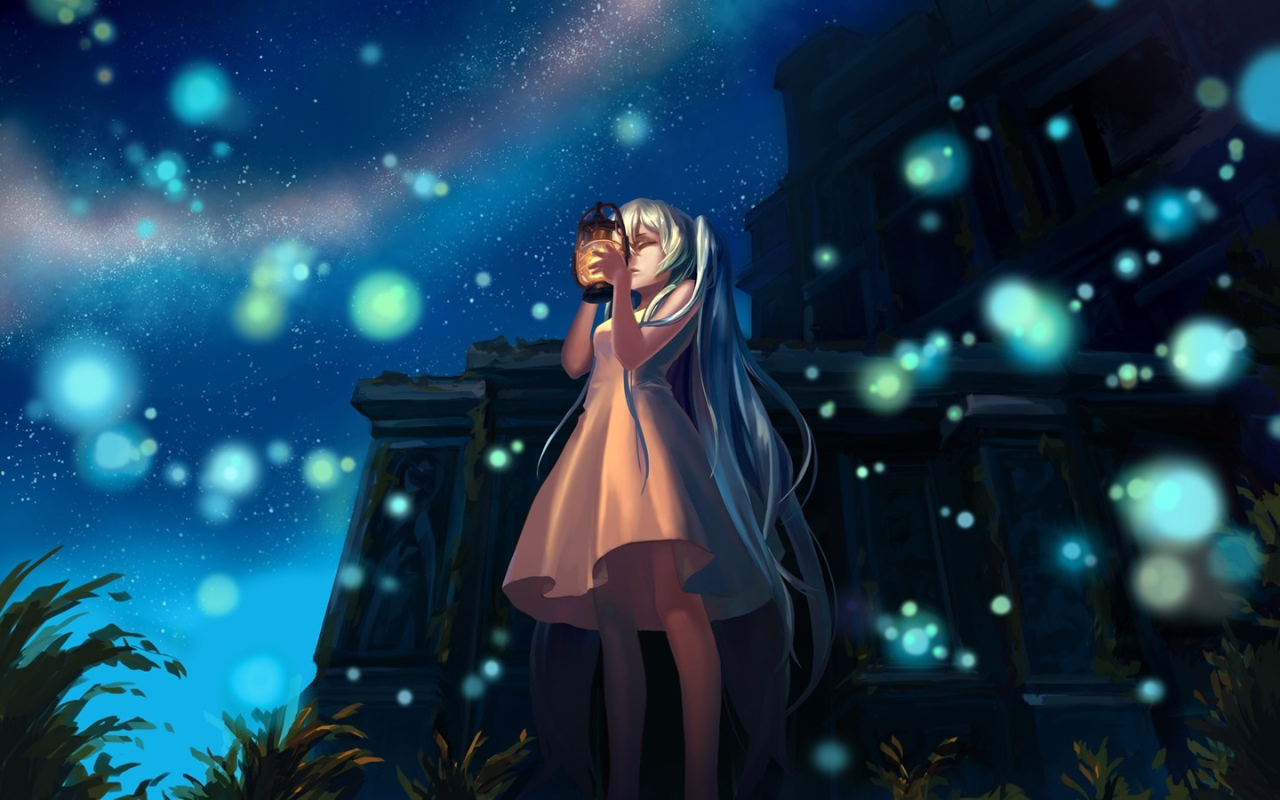 Hatsune Miku holding a lantern under the starry night sky HD Wallpaper