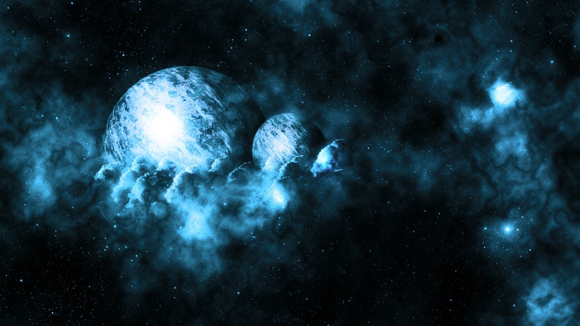 Digital art of planets in a nebula HD Wallpaper