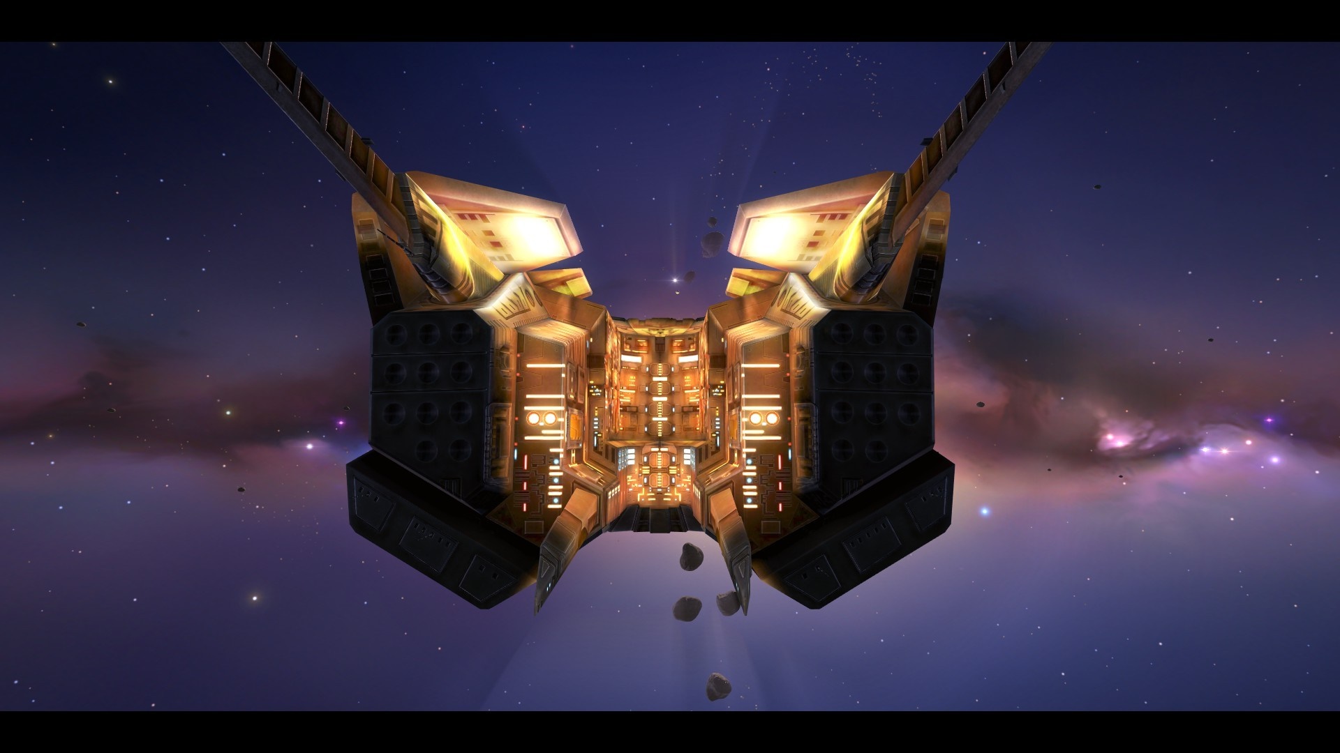 Spacecraft in outer space with nebula and stars HD Wallpaper