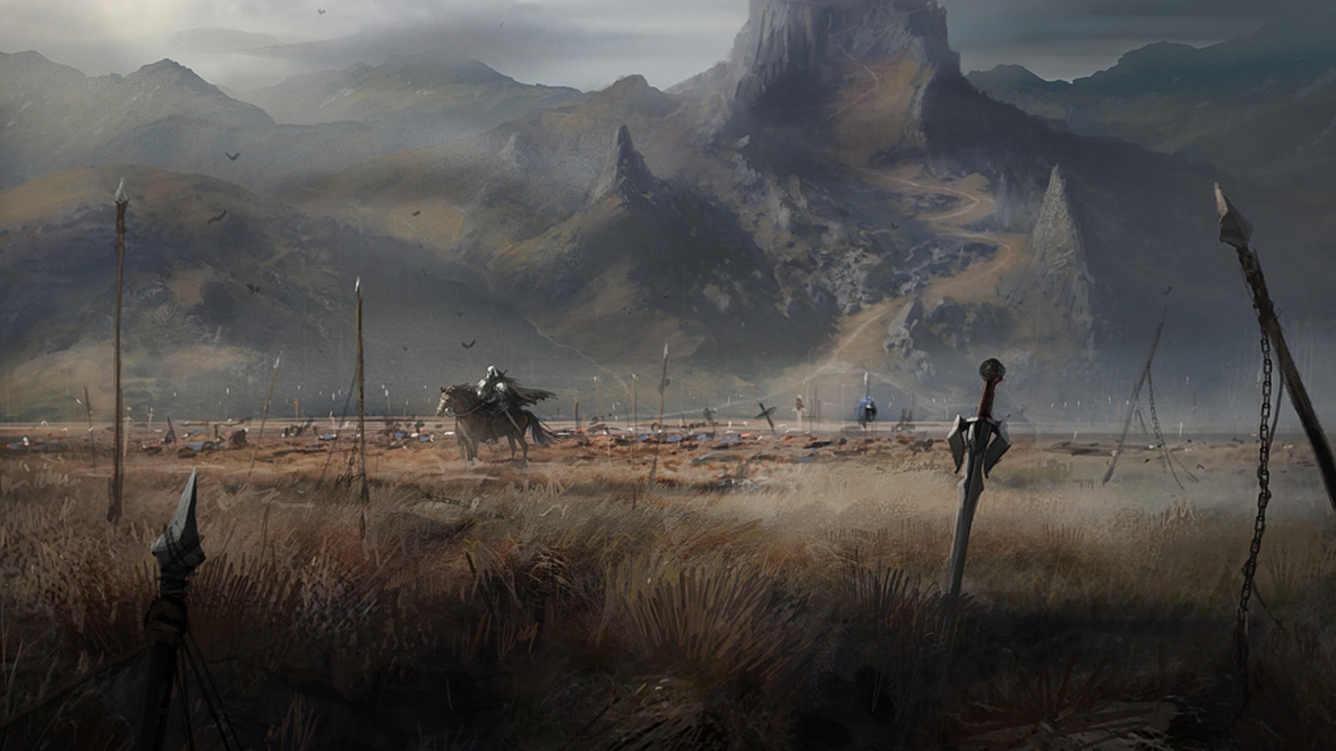 Warrior on horseback in a misty battlefield with mountains HD Wallpaper
