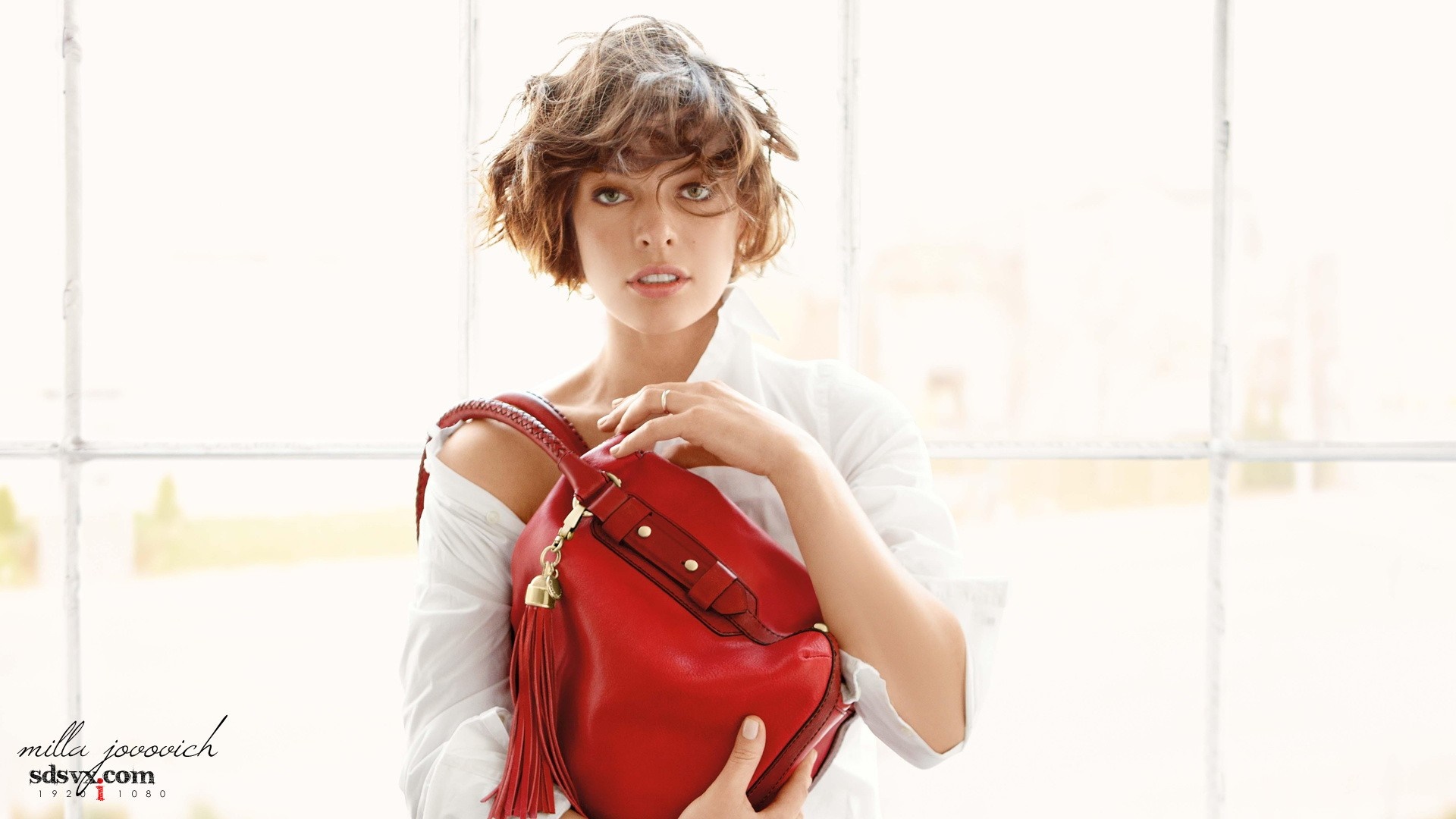 Milla Jovovich with red handbag HD Wallpaper