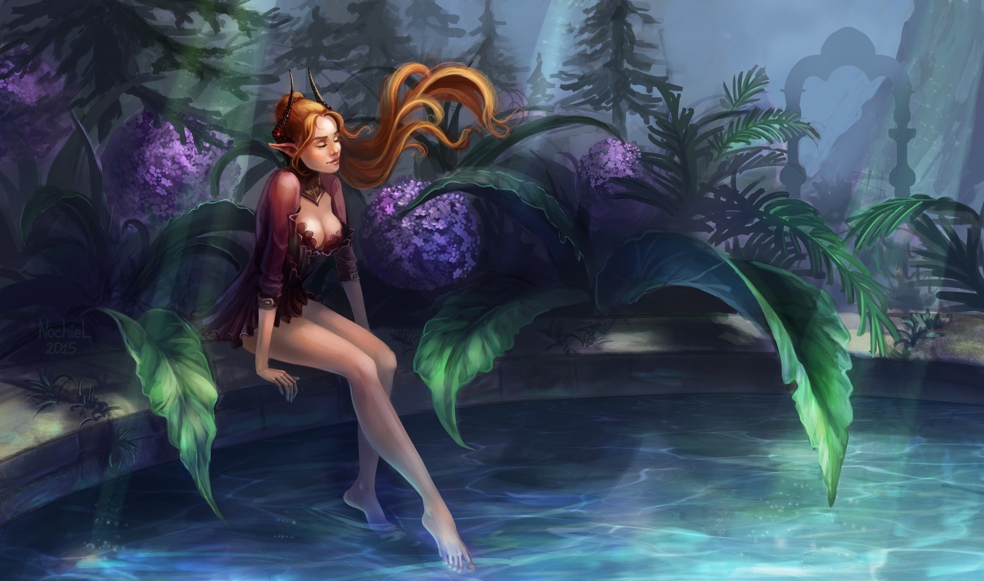 Fantasy elf girl sitting by a pool in a jungle HD Wallpaper