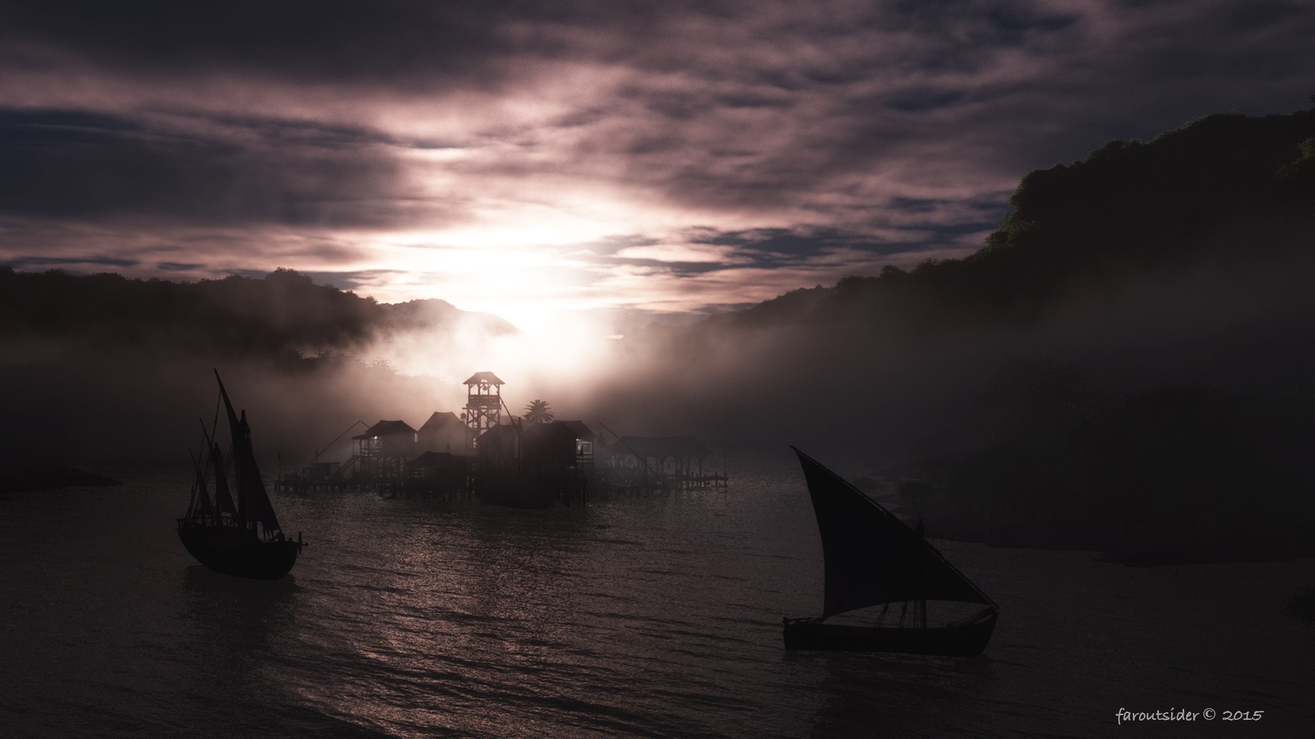 Boats near a stilt village at sunrise or sunset HD Wallpaper