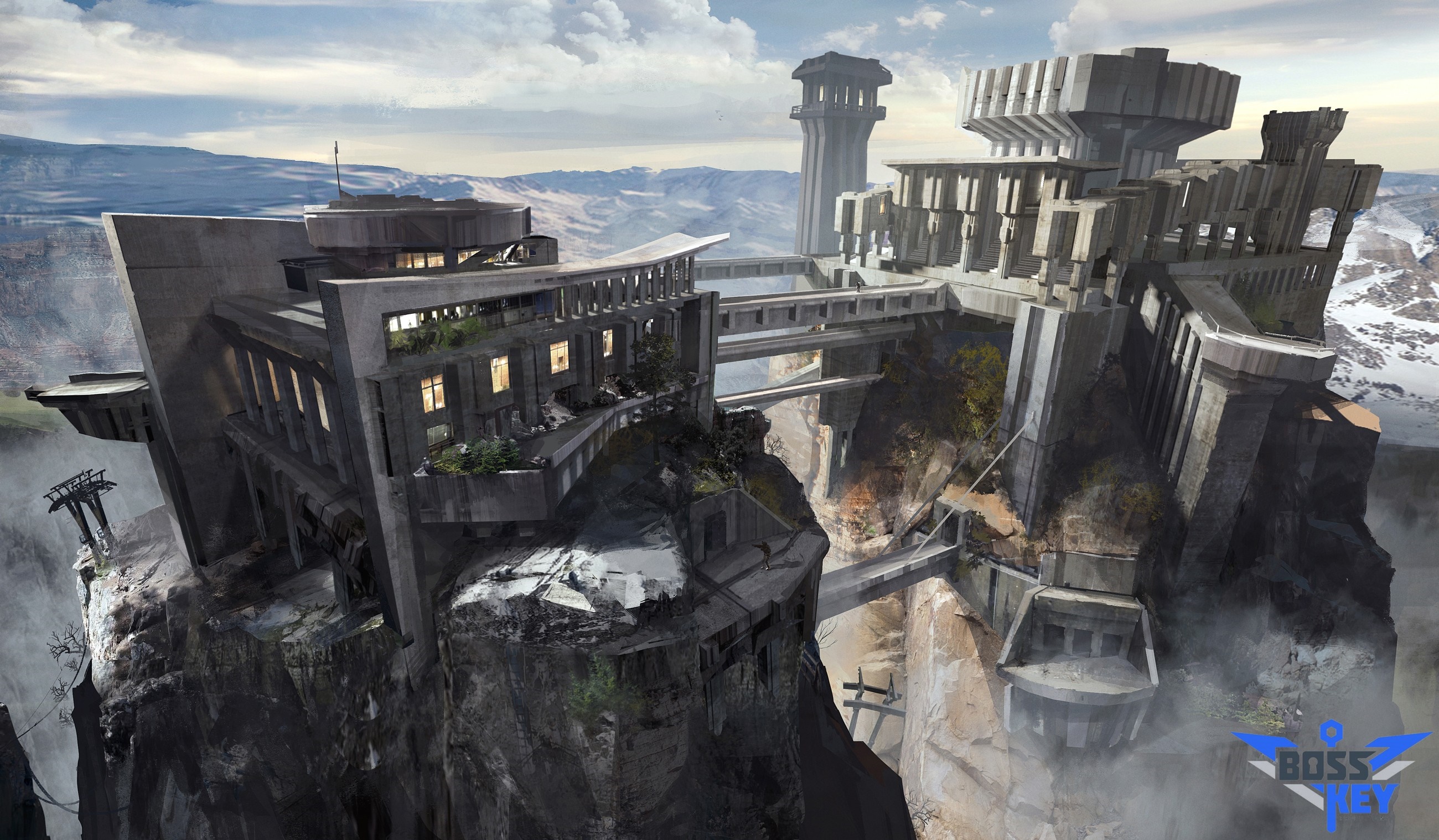 Science fiction fortress on a cliffside HD Wallpaper