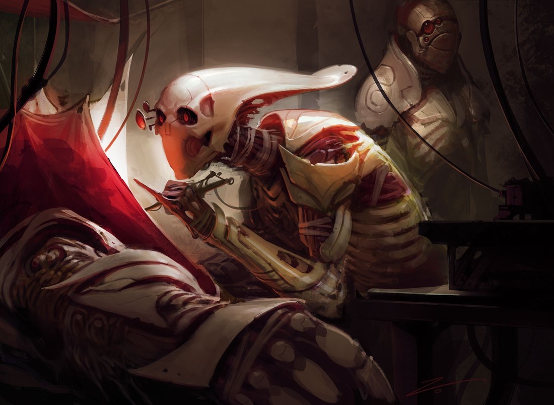 Sci-fi creature performing surgery on another creature HD Wallpaper