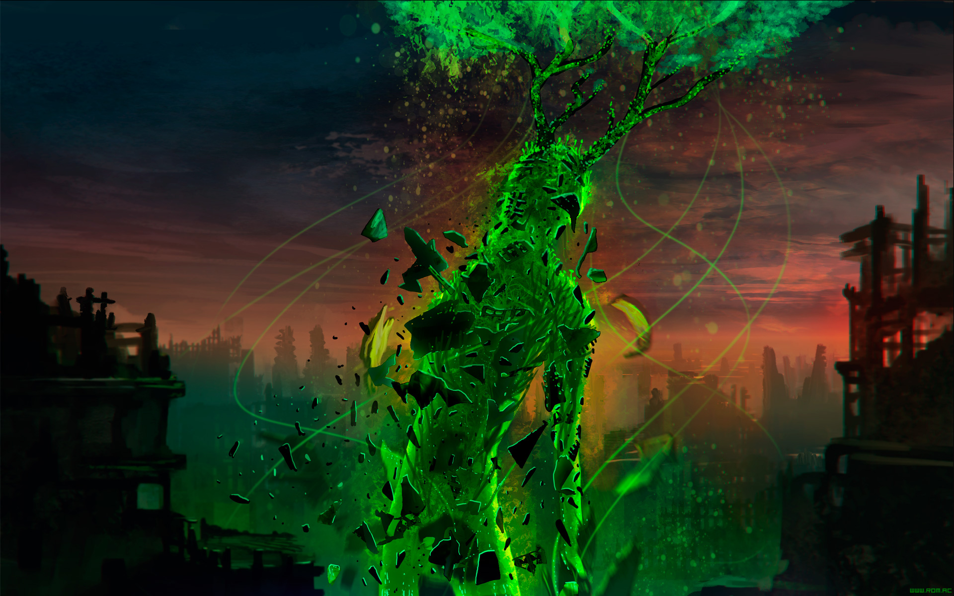 Fantasy art of a glowing green figure shattering in a ruined city at dusk HD Wallpaper