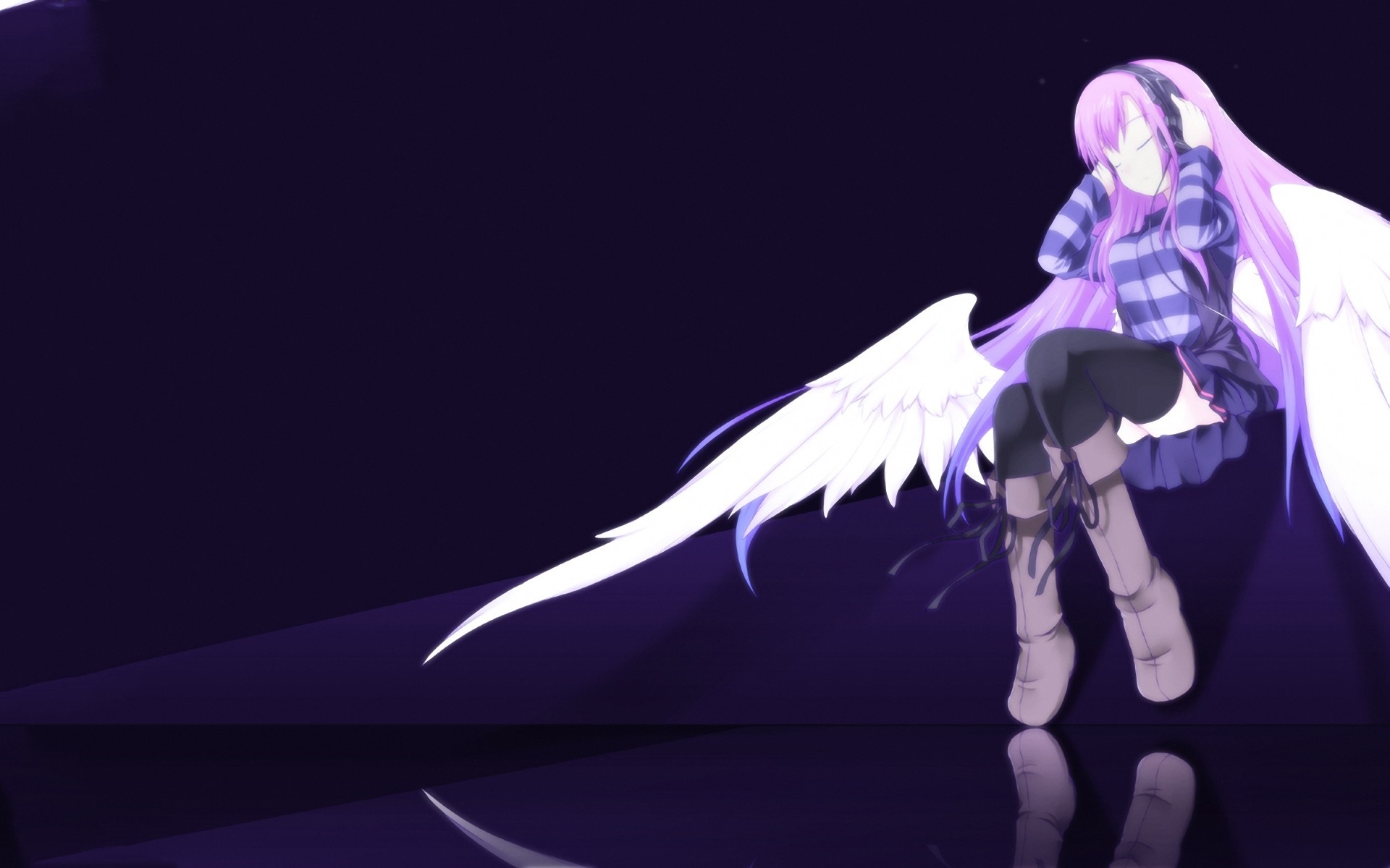 Anime girl with purple hair and wings listening to music HD Wallpaper
