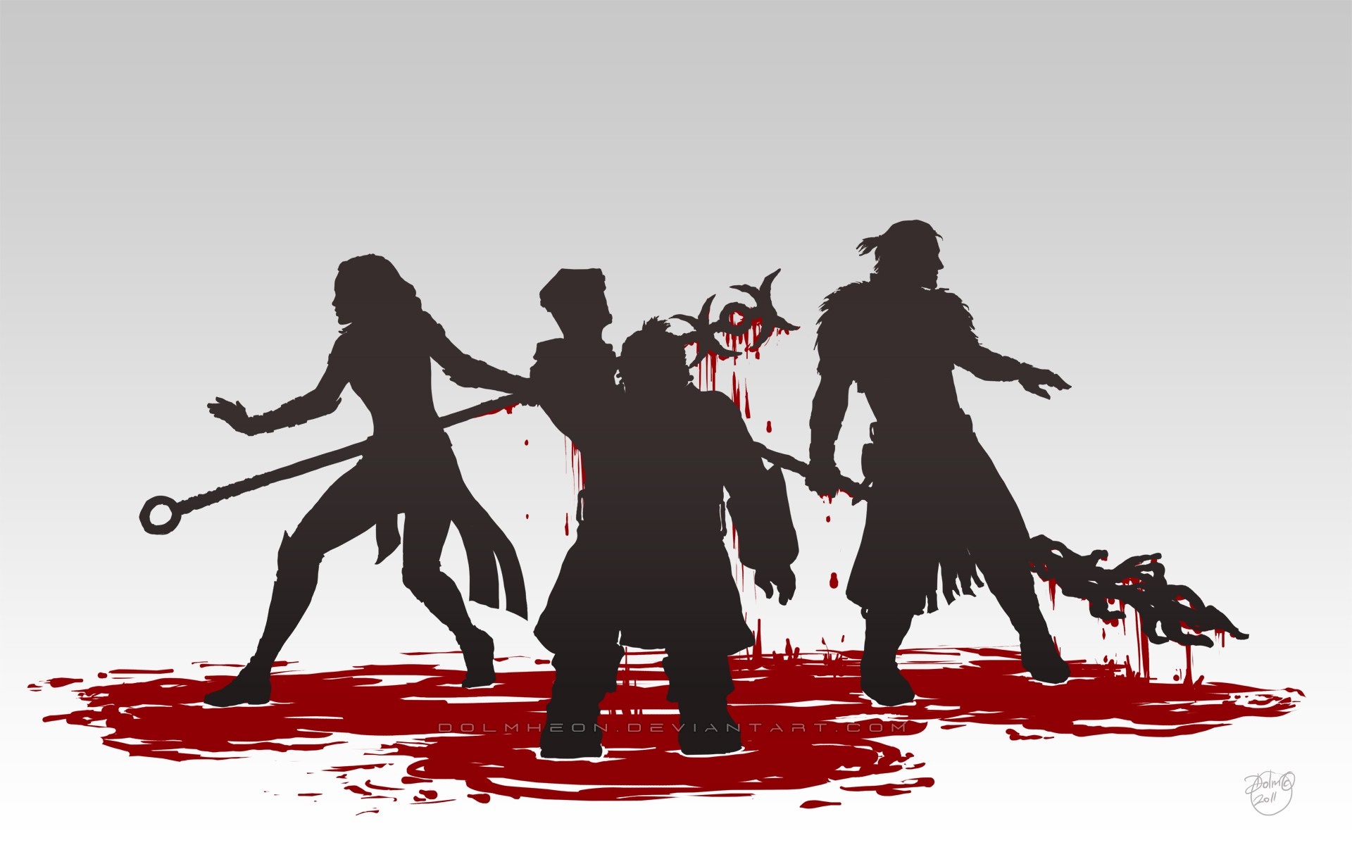 Silhouettes of Dragon Age characters in blood HD Wallpaper