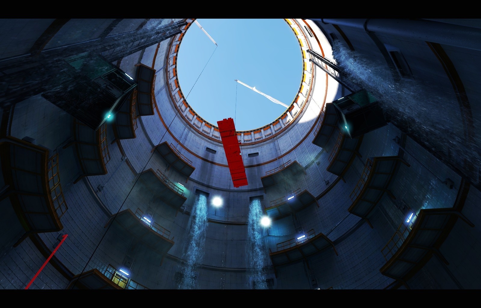 A view up a cylindrical structure with a red platform HD Wallpaper