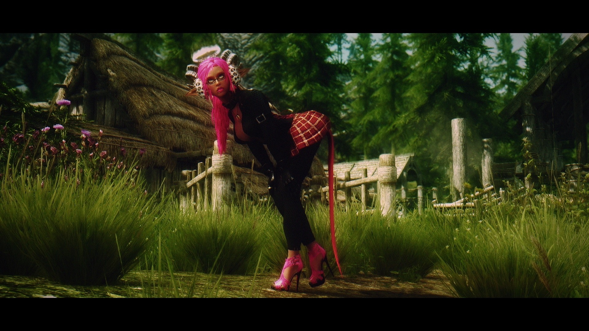 Character with pink hair and horns in a village HD Wallpaper