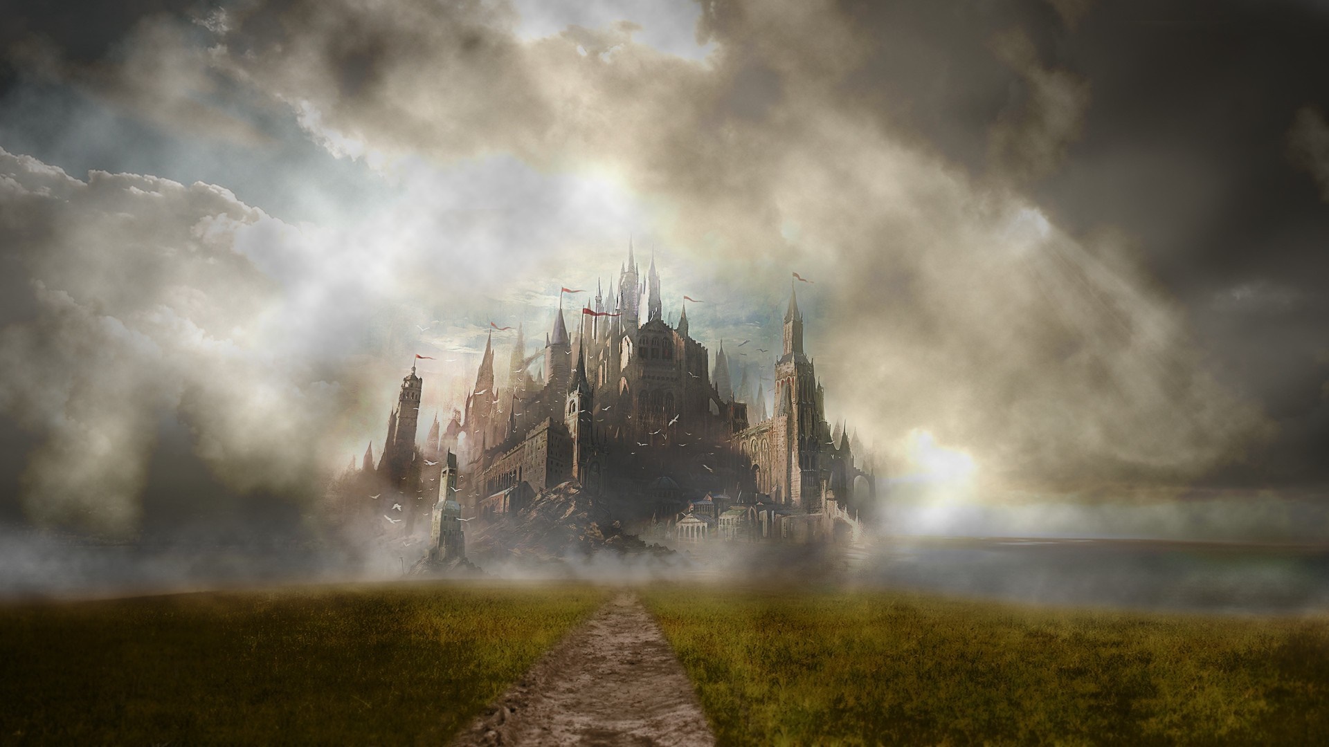 Fantasy castle shrouded in mist with sunbeams HD Wallpaper