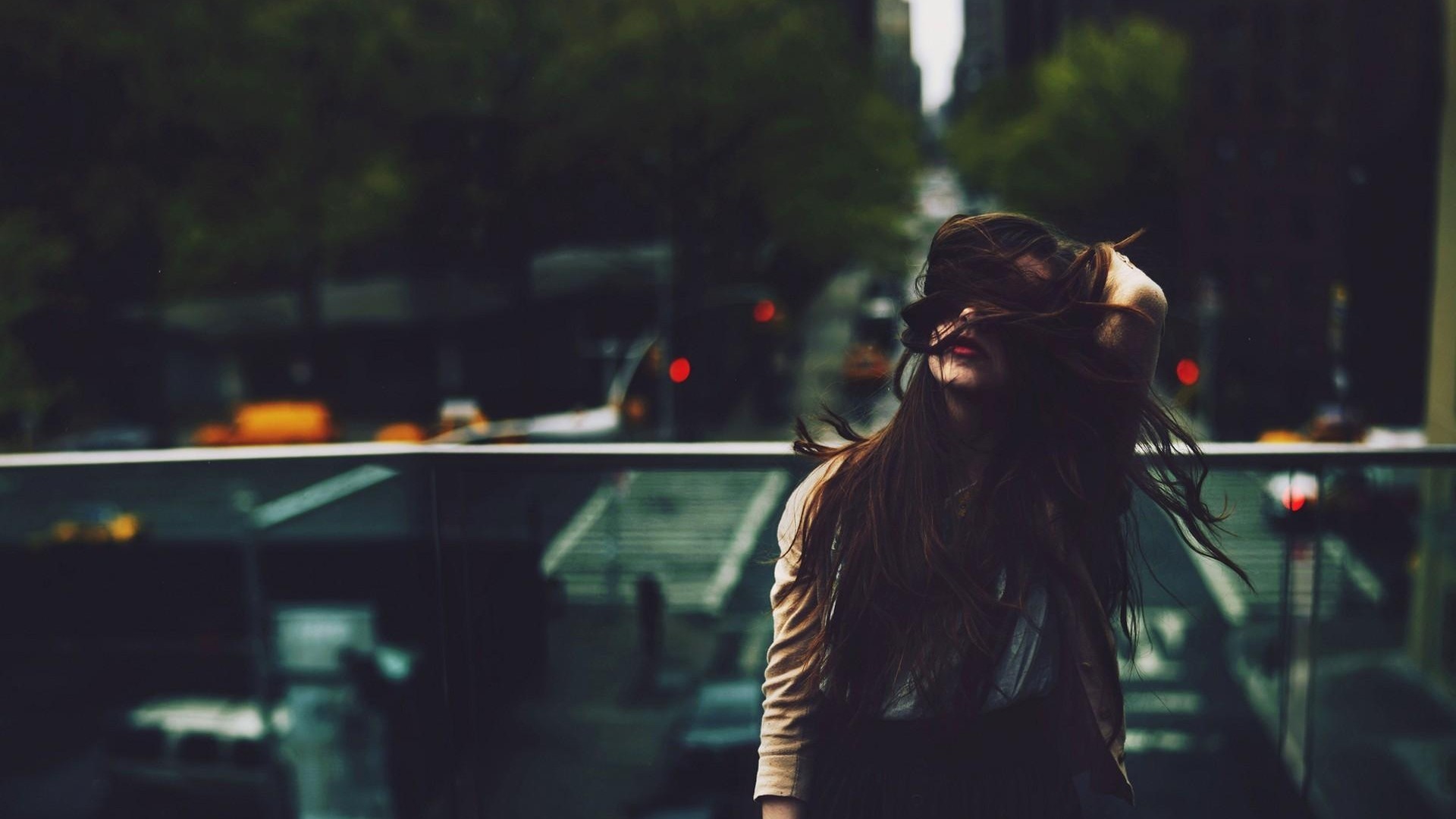 Woman with long hair in the wind outdoors HD Wallpaper
