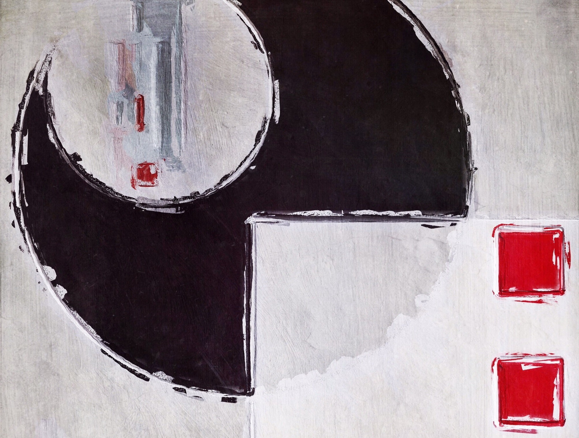 Abstract painting with black, white, and red shapes HD Wallpaper
