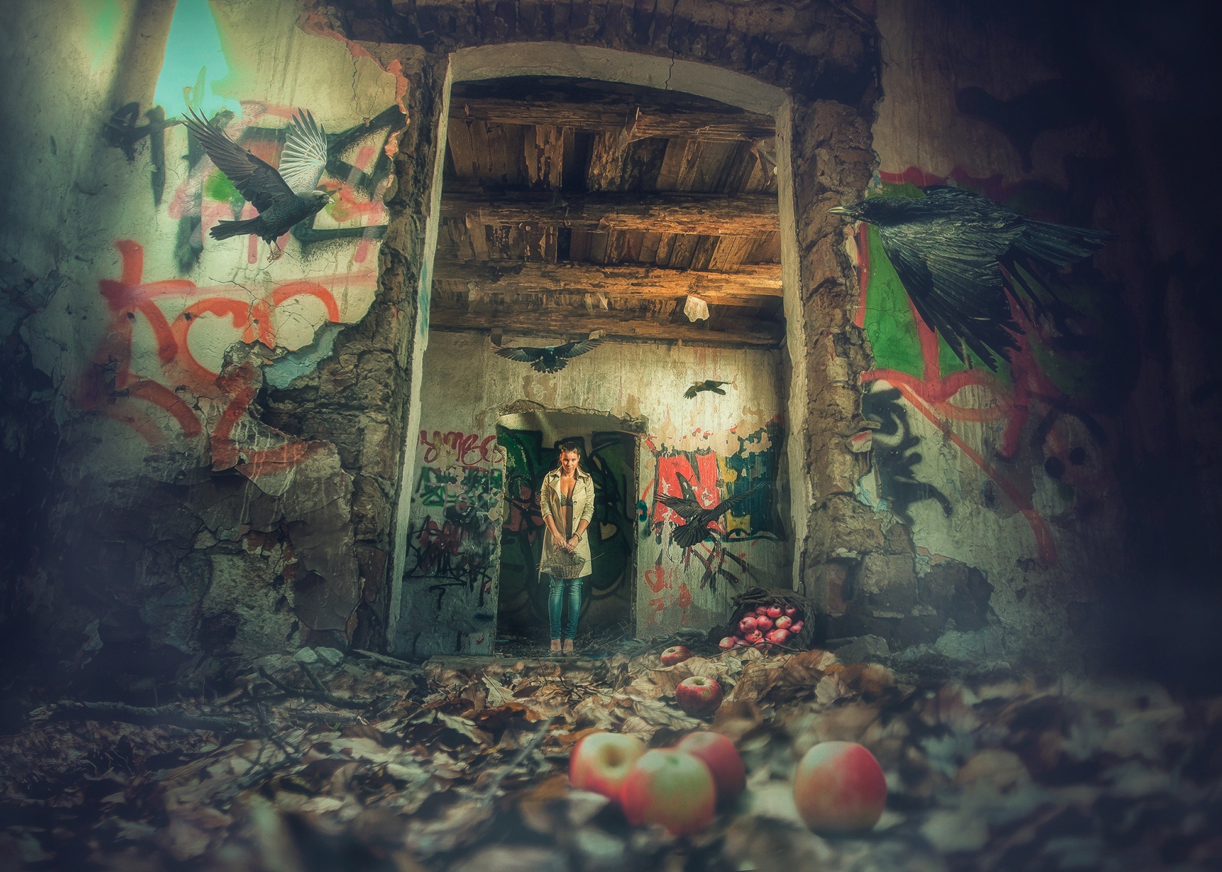 Woman in abandoned building with graffiti and crows HD Wallpaper