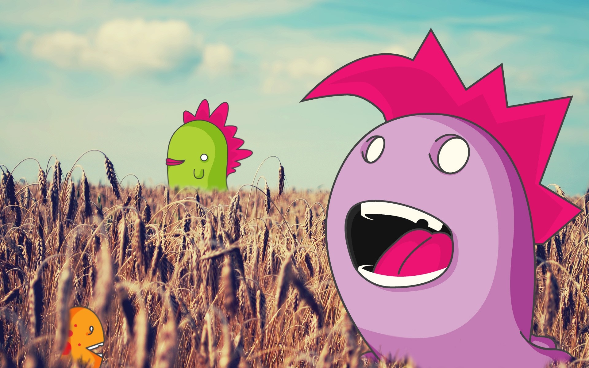 Cartoon monsters in a wheat field HD Wallpaper