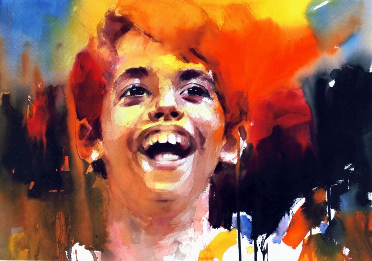 Painting of a laughing child with vibrant colors HD Wallpaper