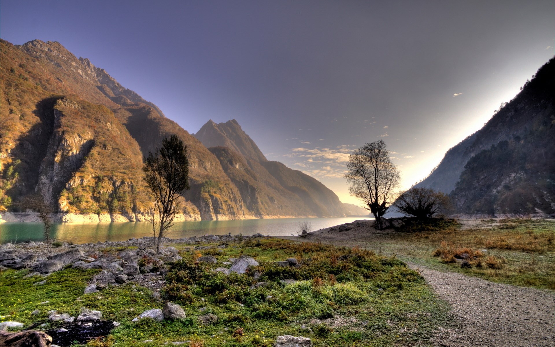 Mountain lake with trees and a small hut HD Wallpaper