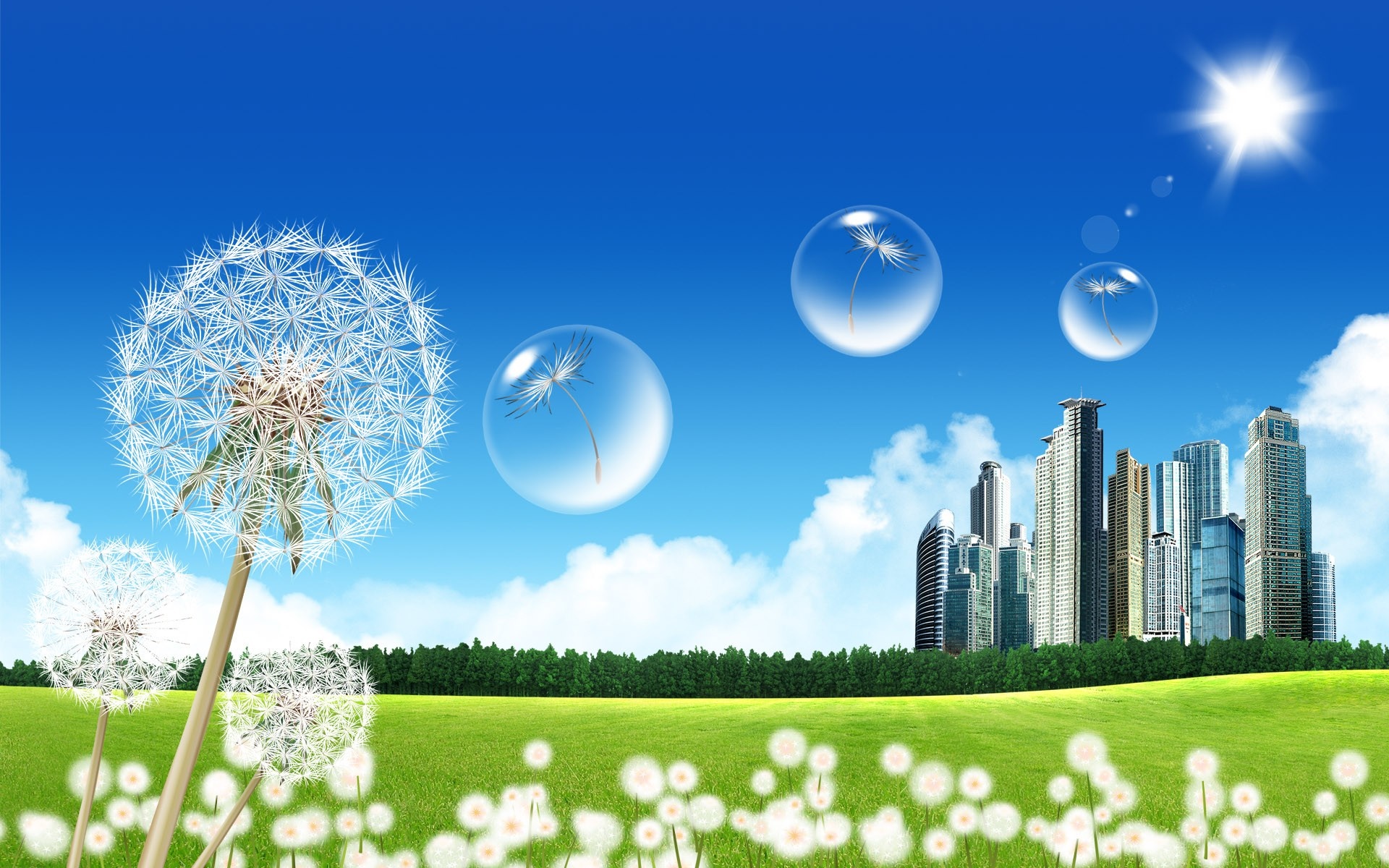 Dandelions and Cityscape Under a Sunny Sky HD Wallpaper
