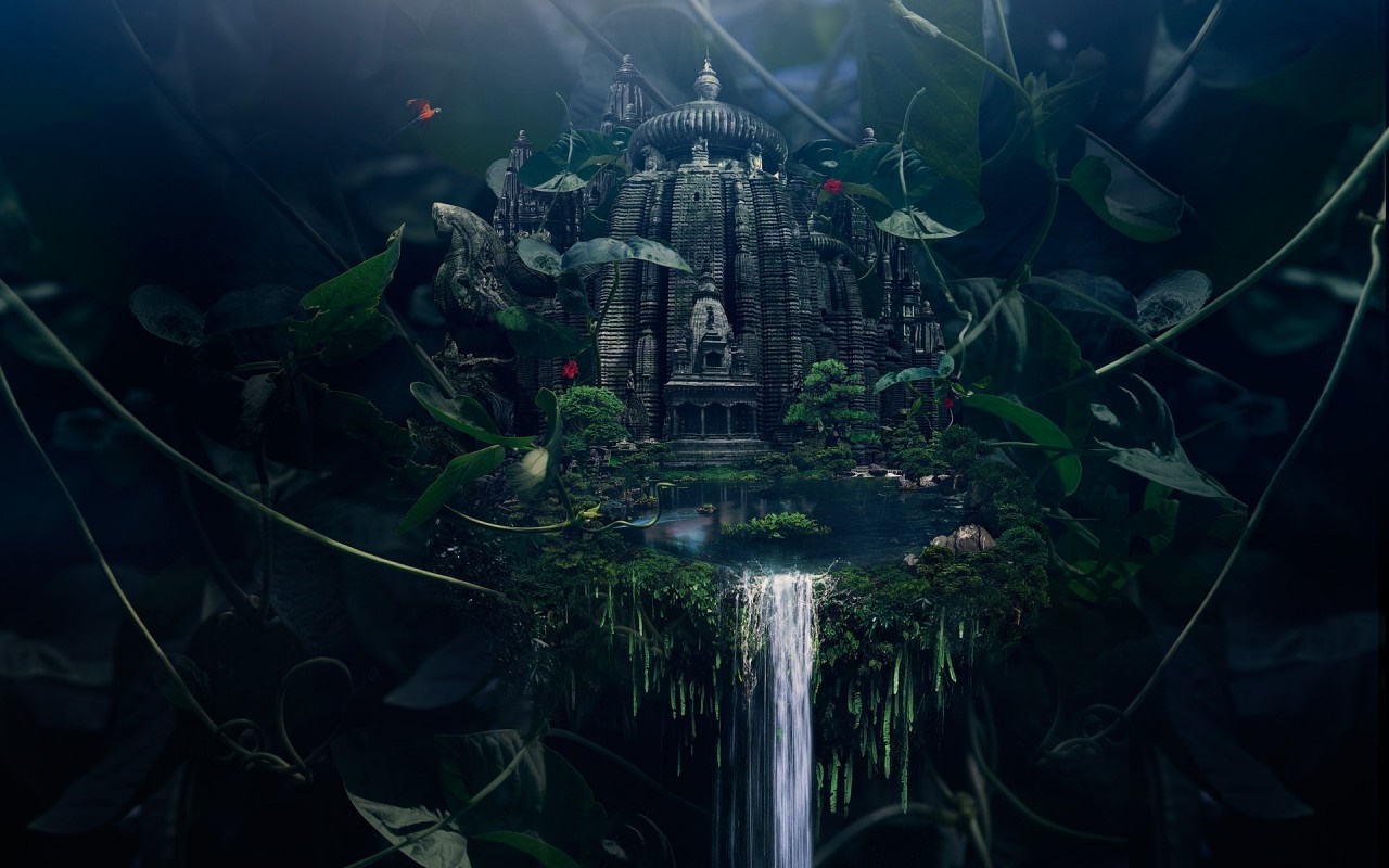 Ancient temple ruins overgrown with moss and vines, with a waterfall. HD Wallpaper
