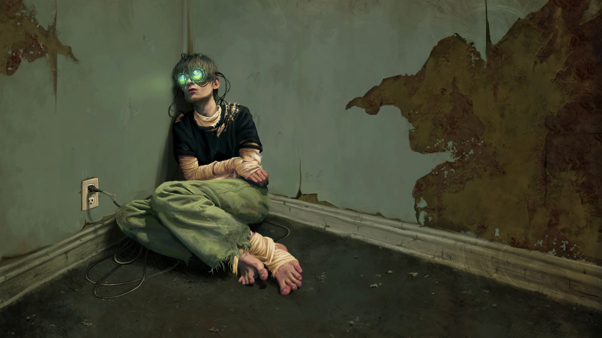 Person with VR goggles in a dark room HD Wallpaper