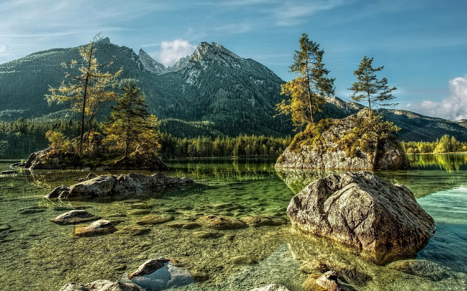 Mountain lake with rocky islands and trees HD Wallpaper