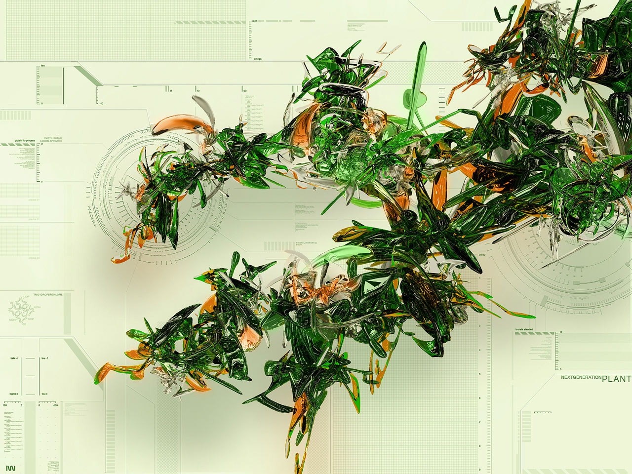 Abstract digital art with green and orange organic shapes HD Wallpaper