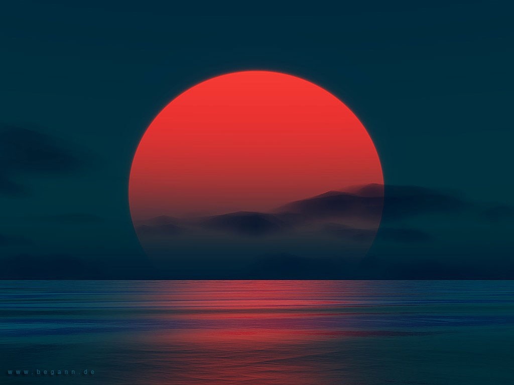 Red Sun Setting Over Ocean HD Wallpaper