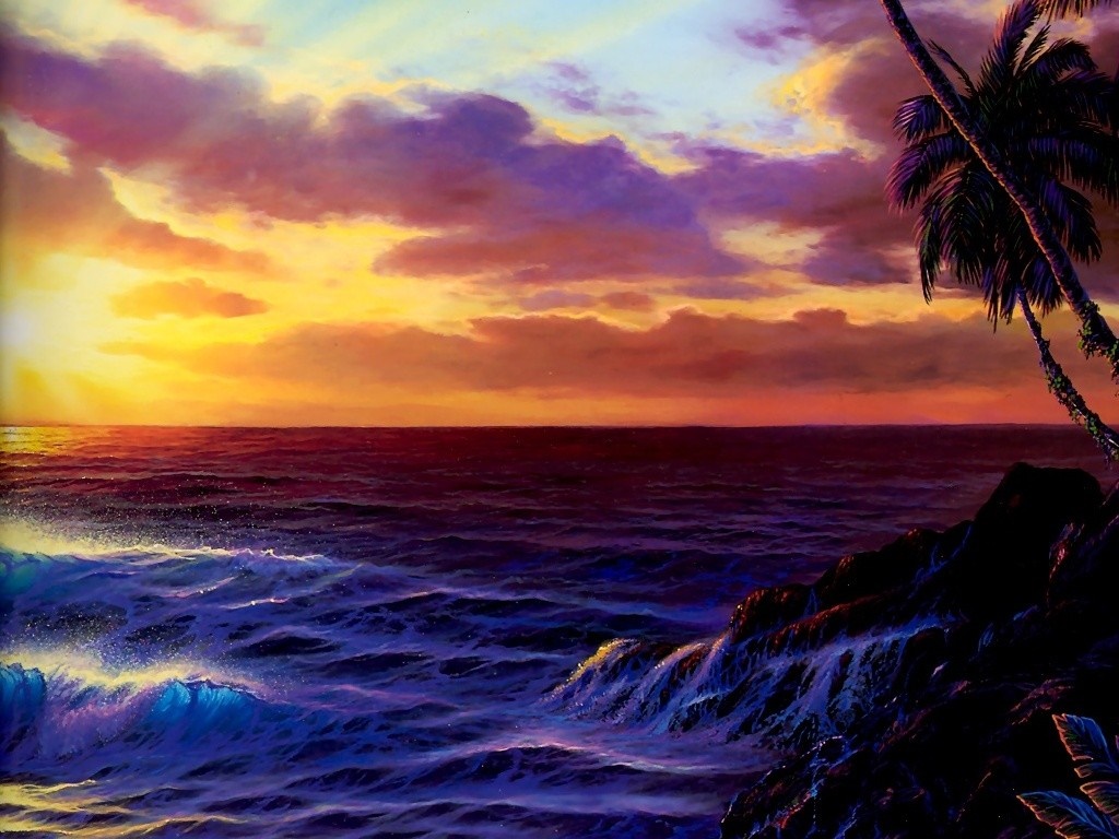 Sunset over the ocean with waves crashing on shore HD Wallpaper
