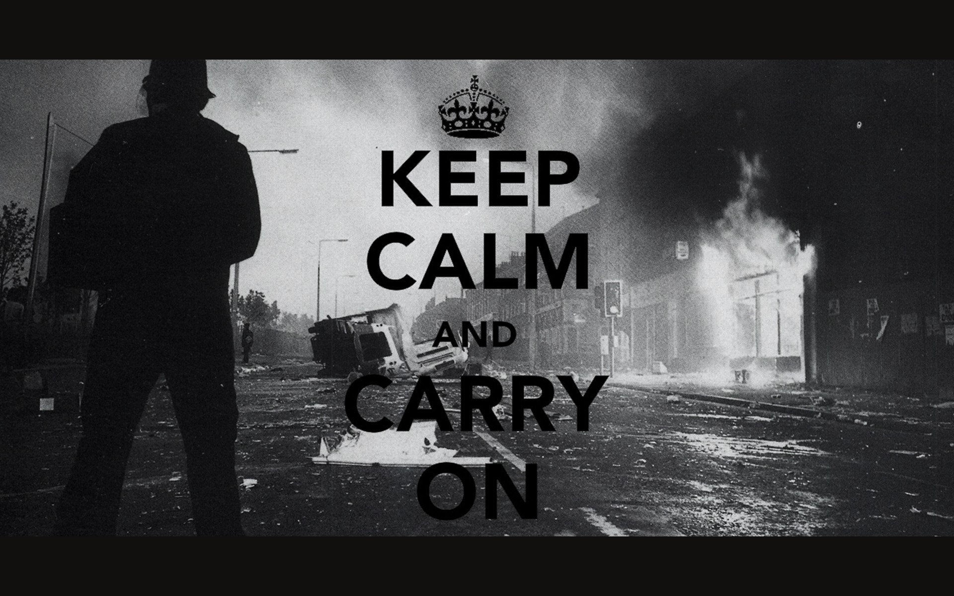Keep Calm and Carry On poster with riot background HD Wallpaper