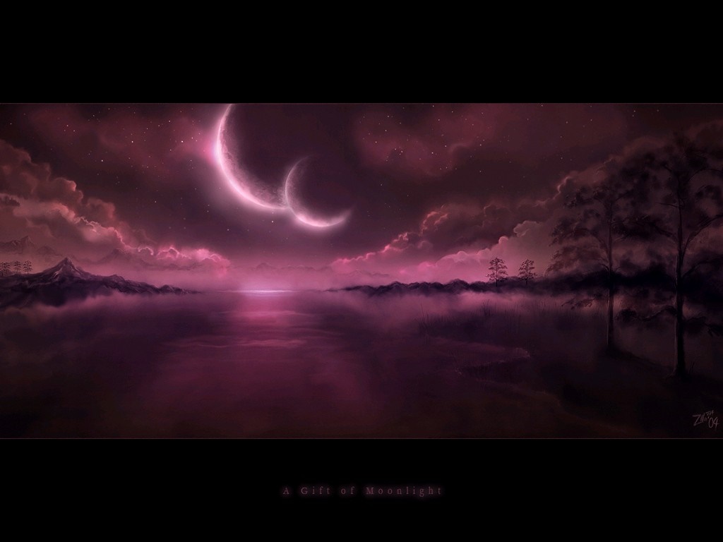 Fantasy landscape with twin moons and misty water HD Wallpaper