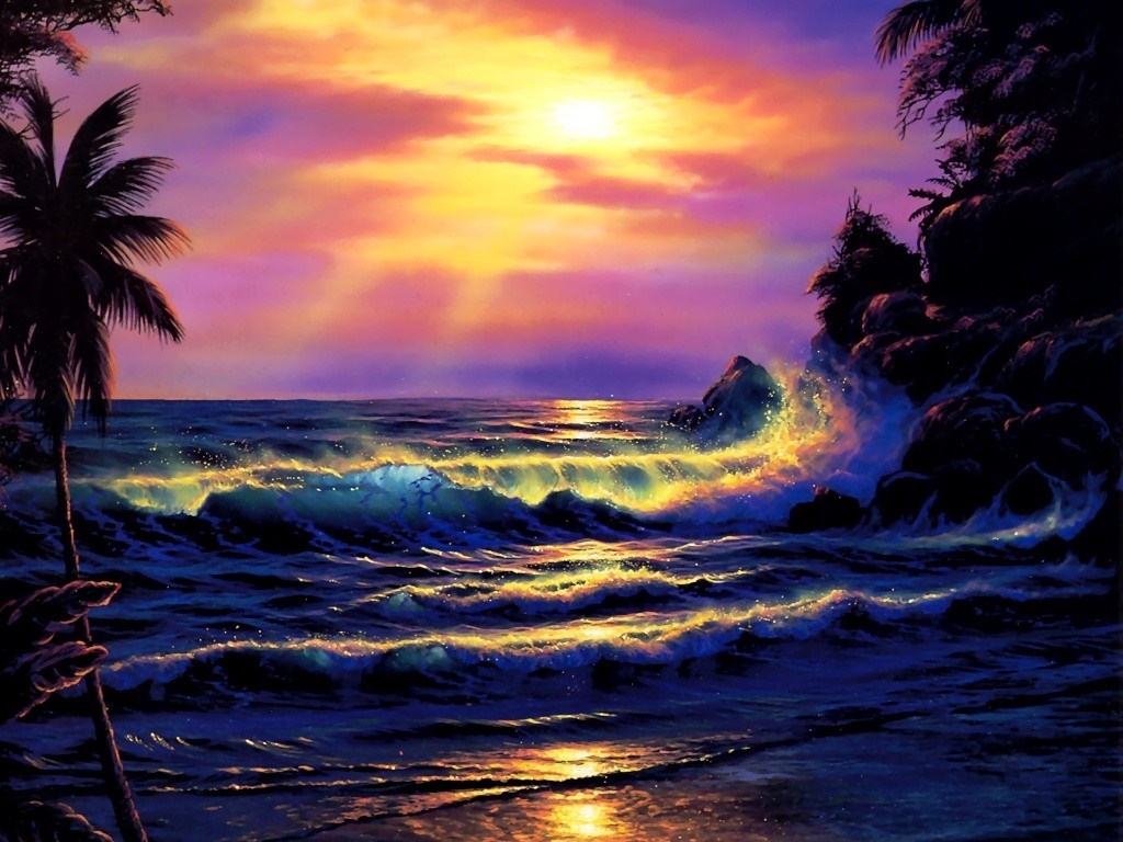 Sunset over ocean waves with palm tree and rocky shore HD Wallpaper