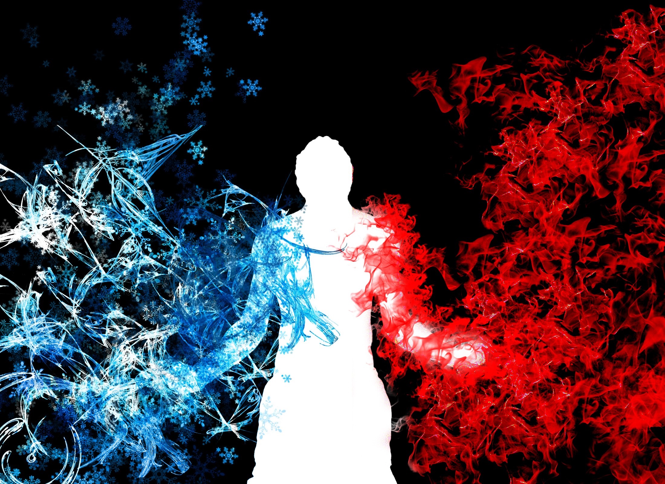 Silhouette of a person with ice and fire effects HD Wallpaper