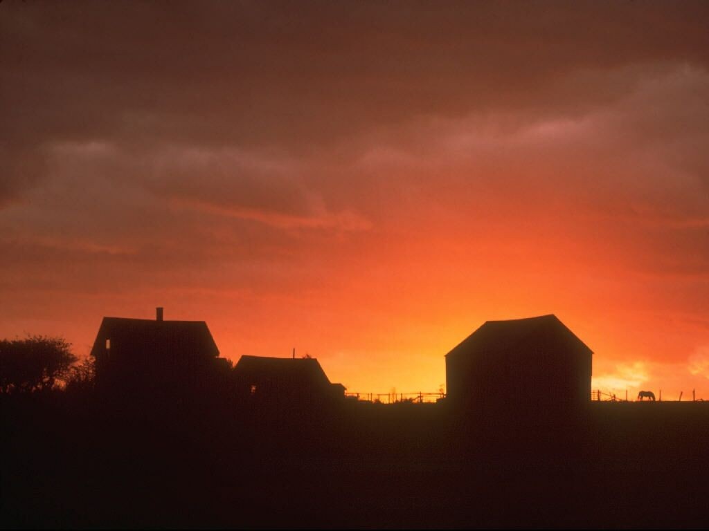 Silhouette of farm buildings against a vibrant sunset sky HD Wallpaper