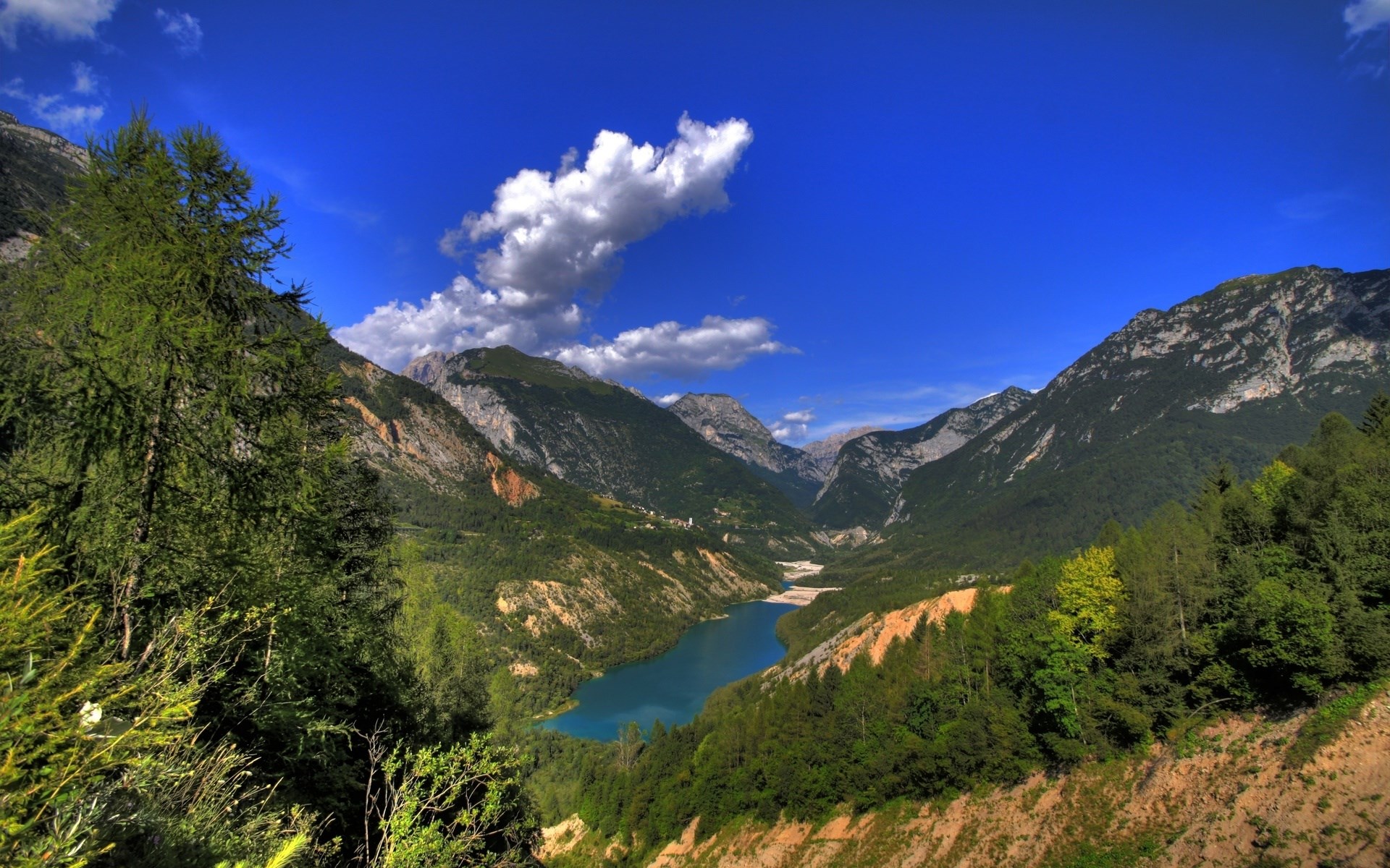 Mountain valley with a blue lake and trees HD Wallpaper