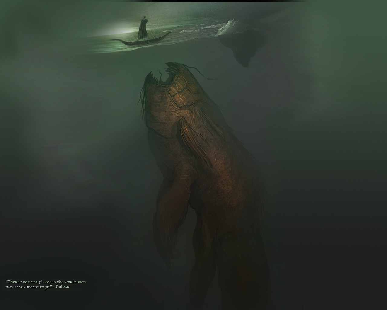 Giant sea creature and boat in dark water HD Wallpaper