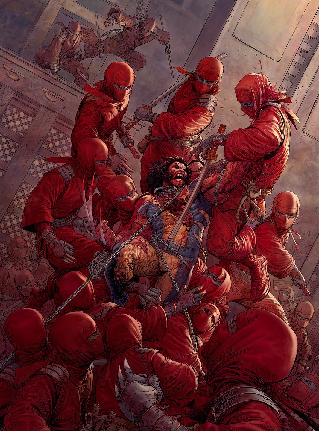 Wolverine surrounded by ninjas with swords HD Wallpaper