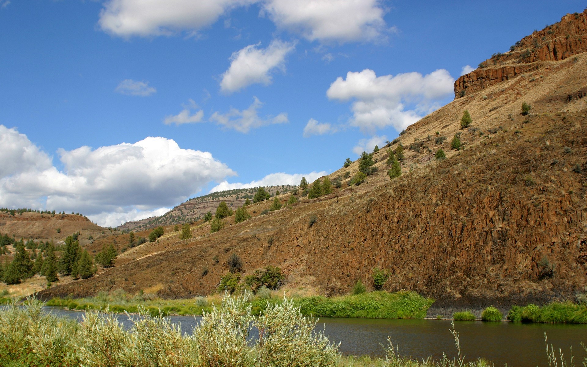 River flowing past a rocky, tree-covered hillside under a cloudy blue sky HD Wallpaper